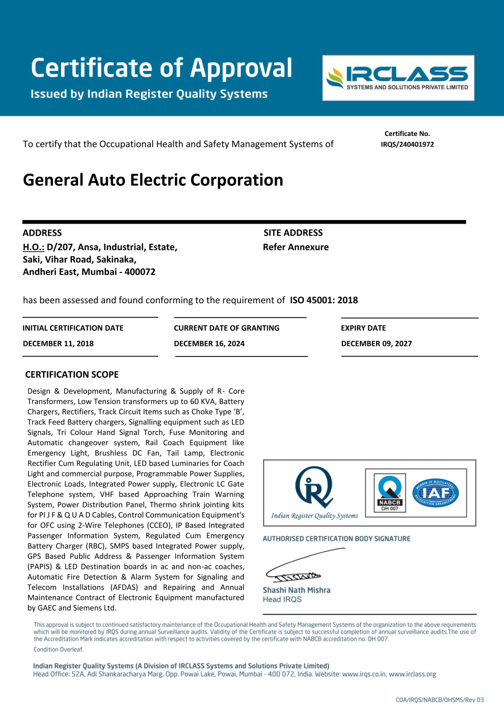 ISO 45001 Health and Safety Certificate
